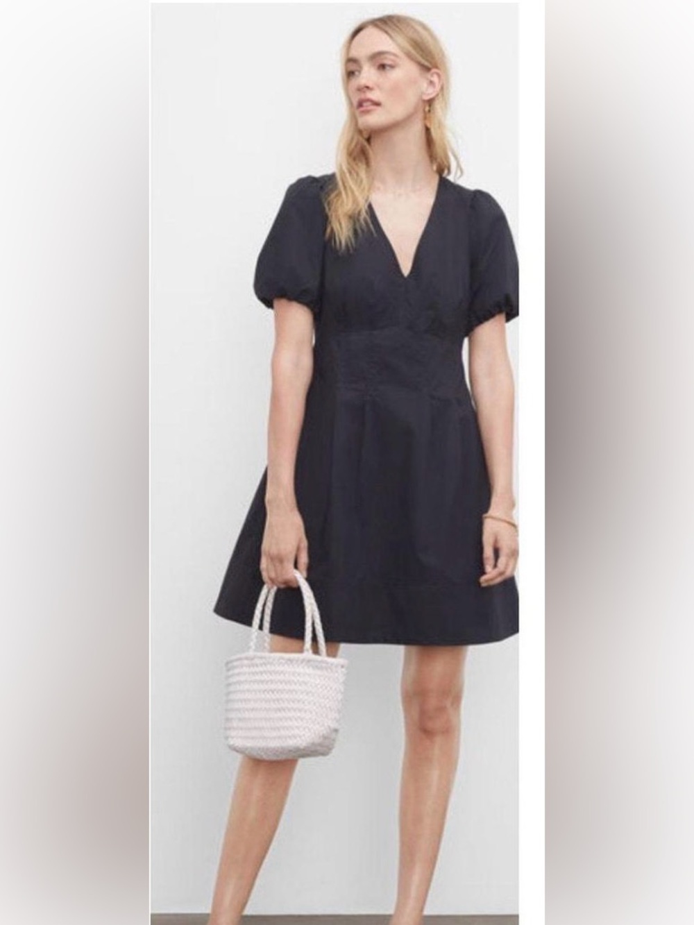 Club Monaco Black V-Neck Puff-Sleeve Mini Dress